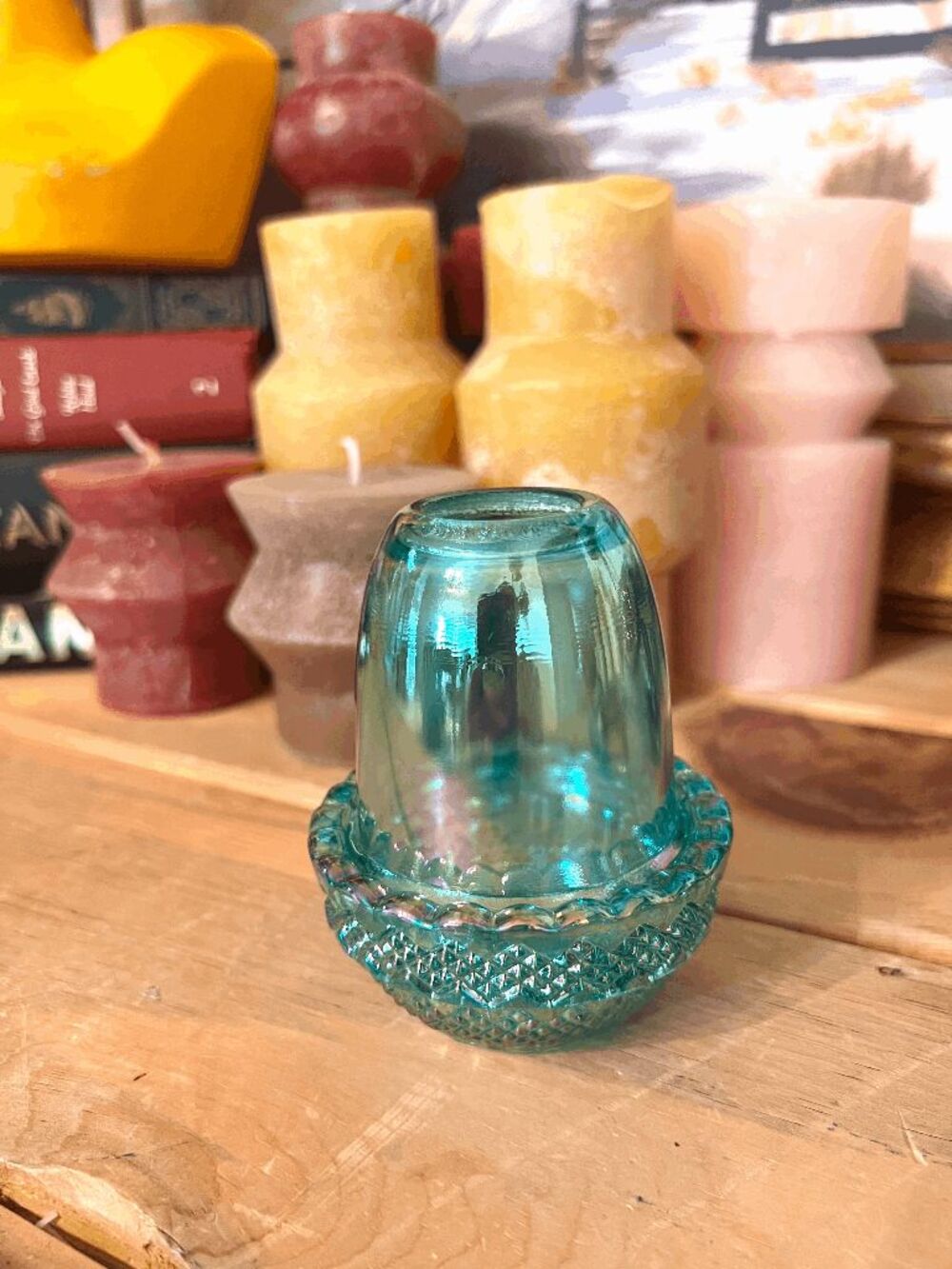 Mosser Glass Teal Carnival Glimmer Fairy Lamp 4" Diamond Point Rosso Glass